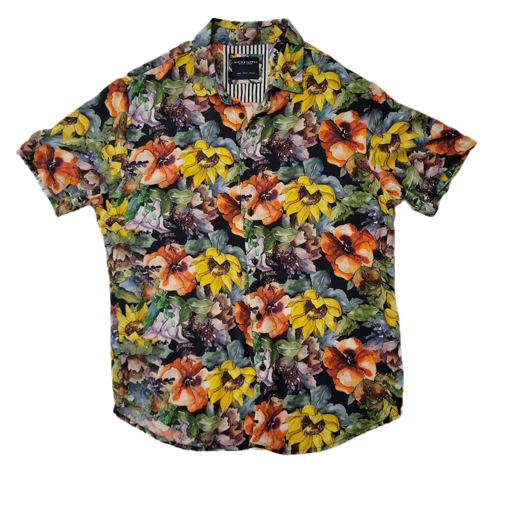 Men's Button Up Floral Shirt Denim & Flower Ricky Singh Size Small